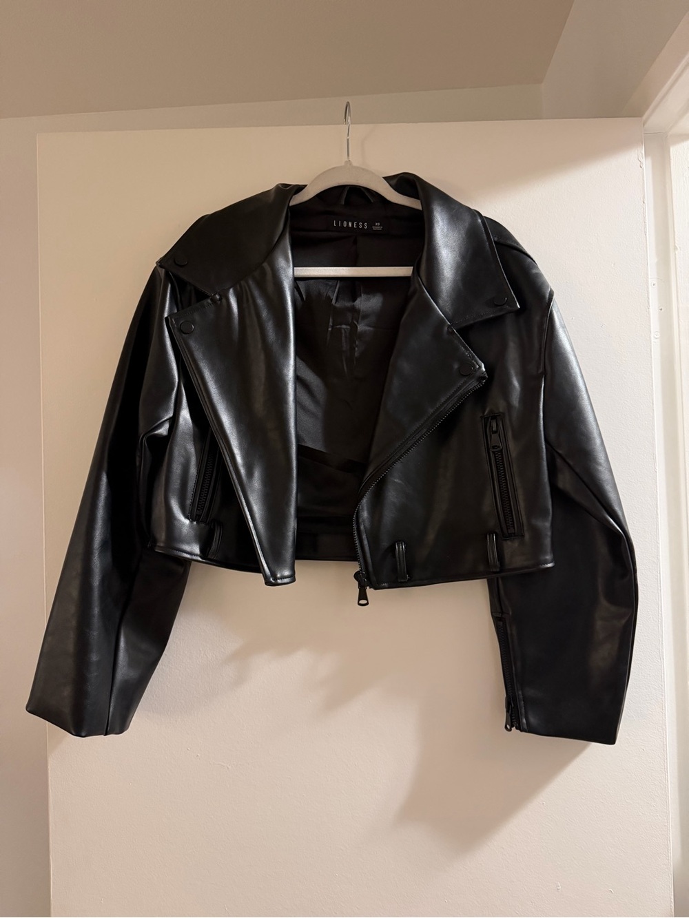Lioness Black Cropped Faux Leather Moto Jacket